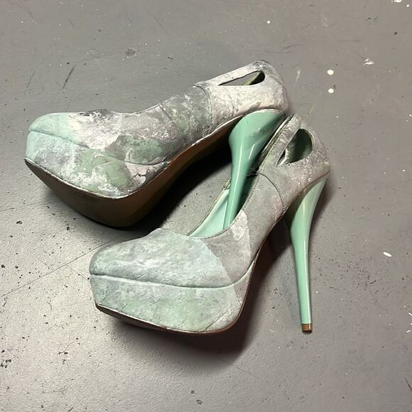 Size 7 Hydrodipped Sea Foam Green velvet Platform Heels - Picture 3 of 5
